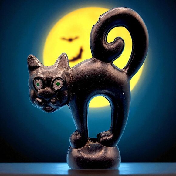 Halloween Scaredy Cat BLOW MOLD Figurine Hong Kong Black Cat Candy Container v1 - Picture 1 of 8